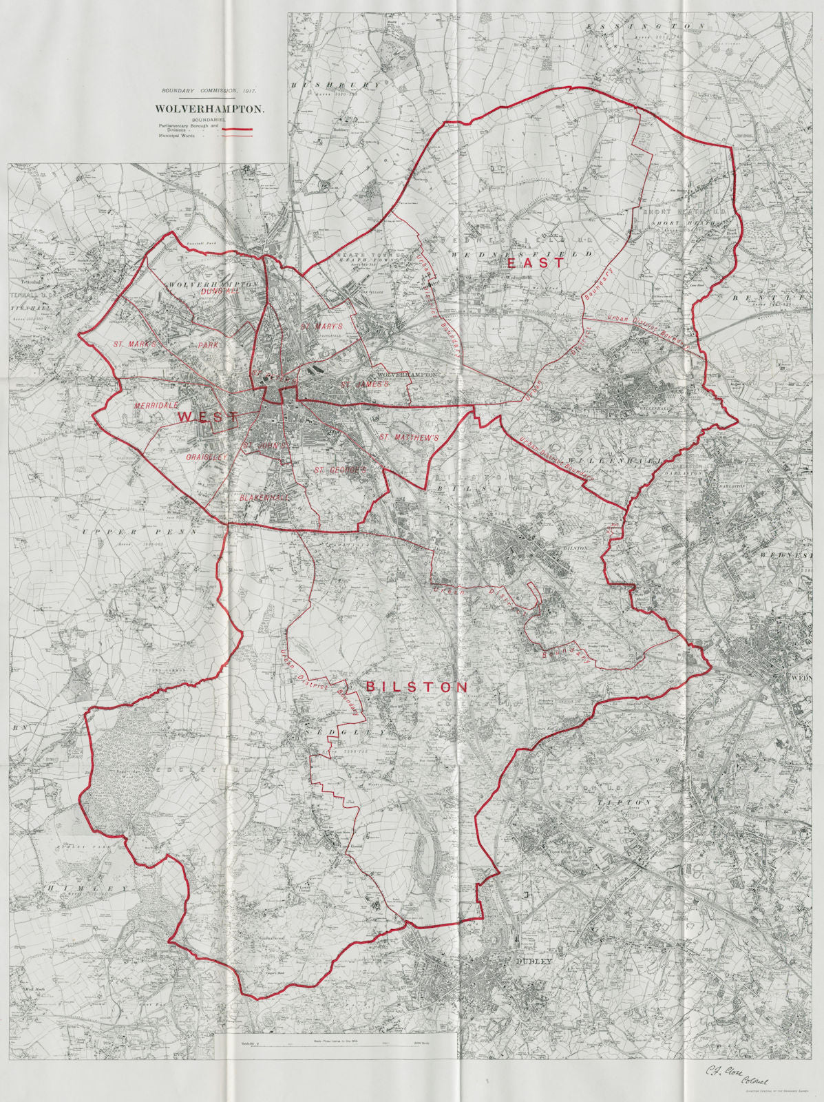 Wolverhampton Parliamentary Borough. Bilston. BOUNDARY COMMISSION 1917 old map